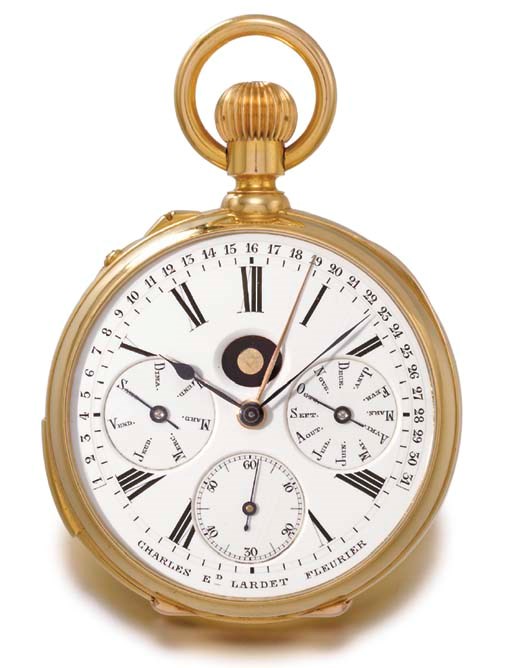 Marius LeCoultre, made for Charles Ed. Lardet. A very fine and unusual 18K gold openface minute repeating perpetual calendar keyless lever watch with phases of the moon and retrograde date indication