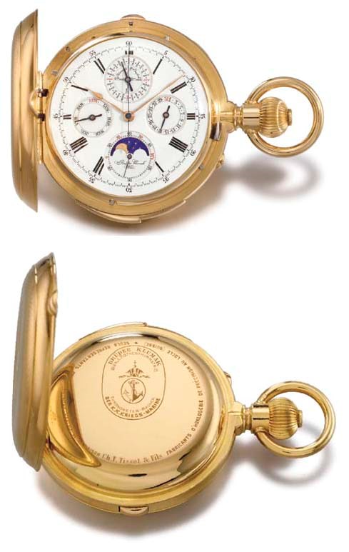 Charles Félicien Tissot. A fine and rare 18K gold hunter case minute repeating perpetual calendar chronograph keyless lever watch with phases of the moon