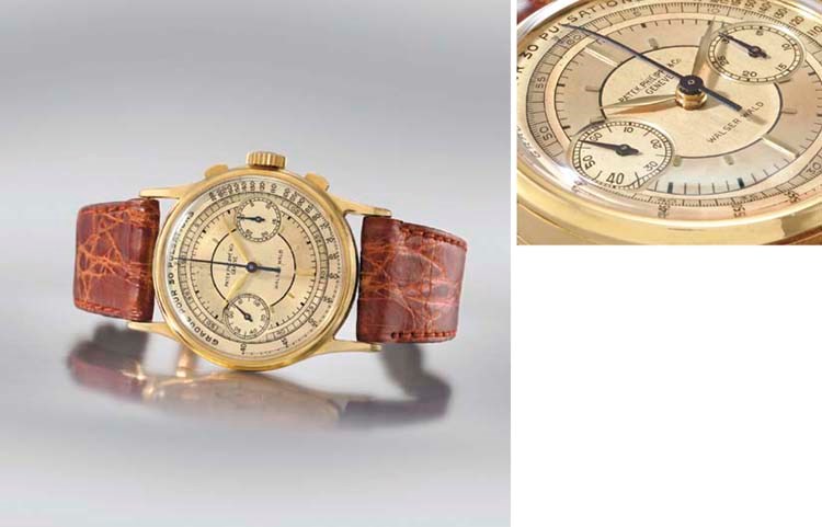 Patek Philippe. A very fine and rare 18K gold chronograph wristwatch with two-tone silvered sector dial and pulsometer