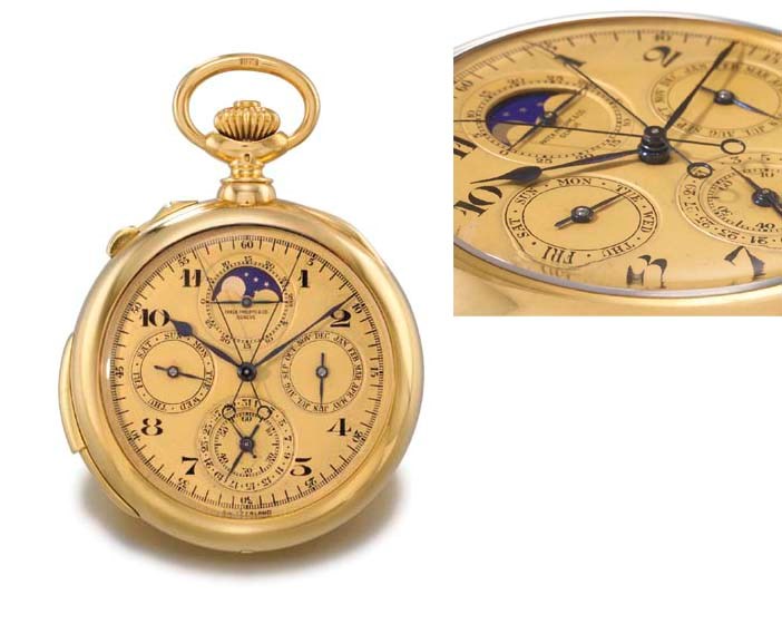 Patek Philippe. A very fine and rare 18K gold openface minute repeating perpetual calendar split seconds chronograph keyless lever watch with phases of the moon and champagne dial