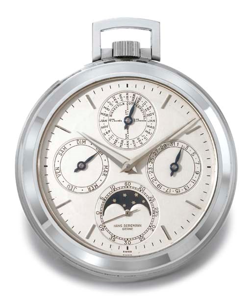 Hans Bergmann. A fine and attractive 18K white gold openface perpetual calendar keyless lever school masterpiece watch with phases of the moon