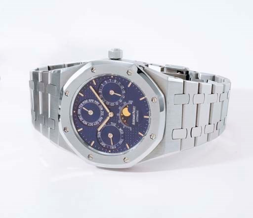 Audemars Piguet. A large stainless steel self-winding perpetual calendar wristwatch with phases of the moon and bracelet