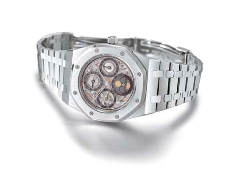Audemars Piguet. A fine and rare platinum self-winding skeletonized perpetual calendar wristwatch with phases of the moon and bracelet