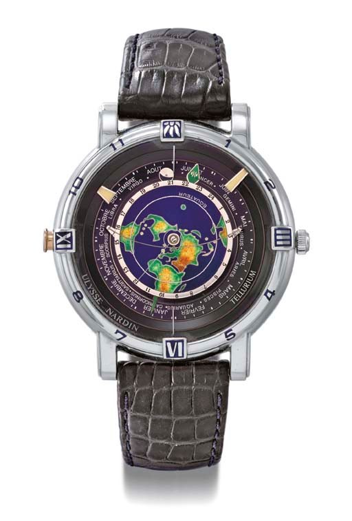 Ulysse Nardin. A fine and rare platinum limited edition self-winding two-time zone astronomical wristwatch