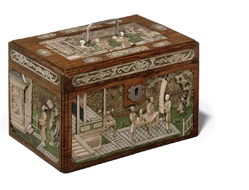 AN UNUSUAL CHINESE SOAPSTONE INLAID HARDWOOD TEA-CADDY