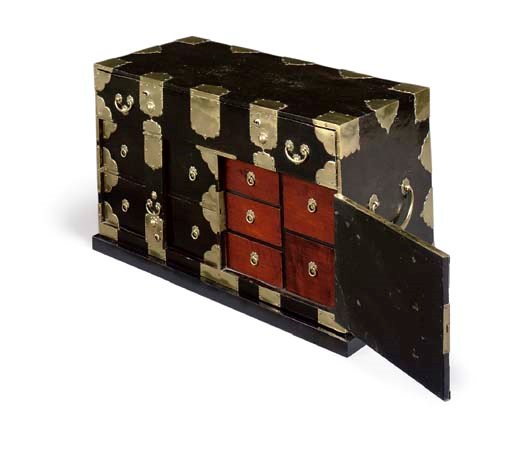 A KOREAN EBONISED AND BRASS-MOUNTED CABINET