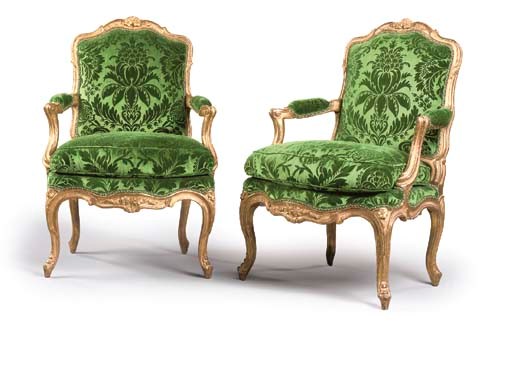 A PAIR OF LOUIS XV GILTWOOD FAUTEUILS A LA REINE