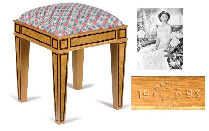 AN OAK, BROWN-OAK AND MACASSAR EBONY INLAID STOOL