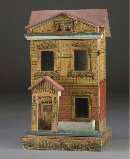 An Art Noveau red roof printed paper on wood dolls' house