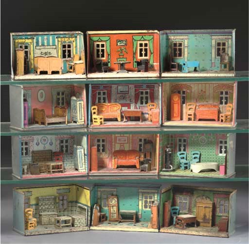 A group of Louis Marx printed tinplate miniature room settings