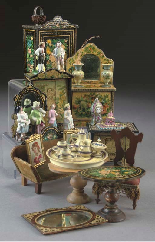 A group of German chromolithographed paper on wood dolls' house furniture