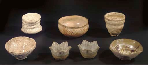 A group of seven Japanese Karatsu and Shino type chawan