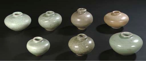 A group of seven celadon and brown-glazed jarlets