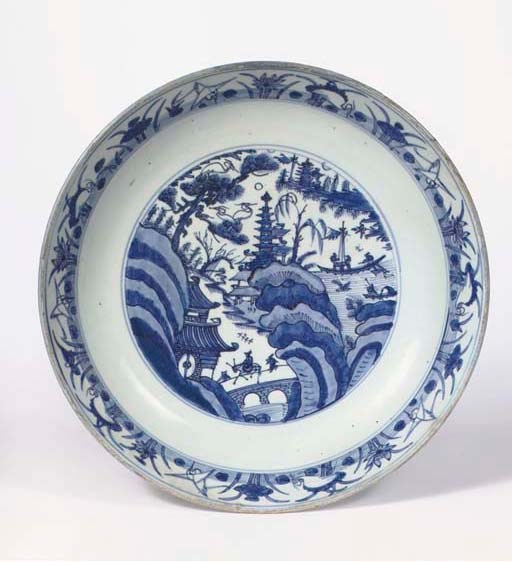 A large blue and white dish