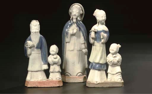 Three underglaze-blue and white figure groups