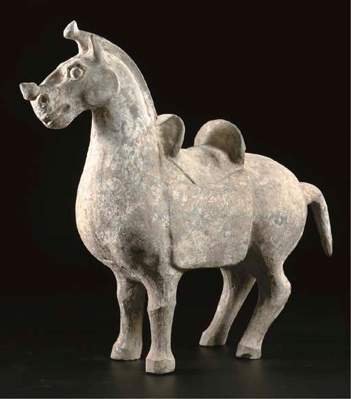 A grey pottery figure of a Mongolian pony