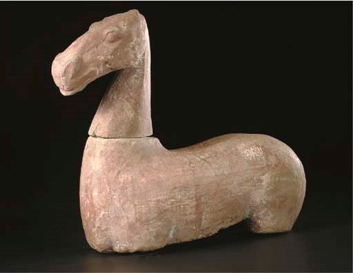 A grey pottery figure of a painted torso and head of a horse