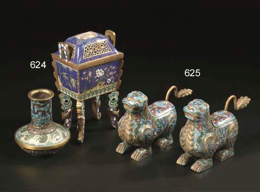 A pair of cloisonne lion censers and a fangding