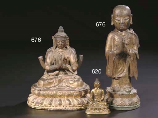 A Sino Tibetan bronze figure of a disciple and a gilt-wood figure of Sadaksharilokeshvara