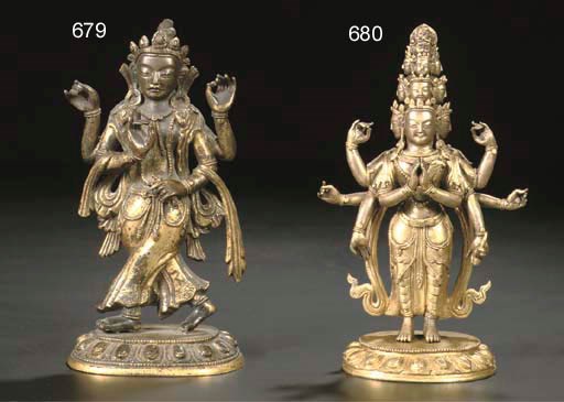 A Tibeto Chinese gilt-bronze figure of Ekadashalokeshvara