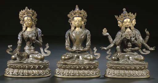 Three East Tibetan fbronze figures of Amitabha, Tara and Ushnishavijaya