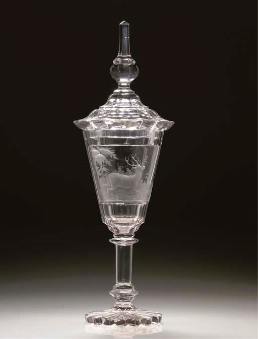 A BOHEMIAN CUT AND ENGRAVED GOBLET AND COVER