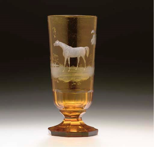A BOHEMIAN AMBER-FLASH AND ENGRAVED CYLINDRICAL VASE