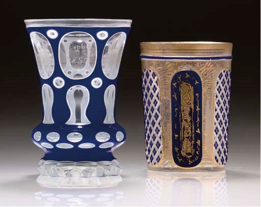 TWO BOHEMIAN BLUE AND WHITE OVERLAY TUMBLERS