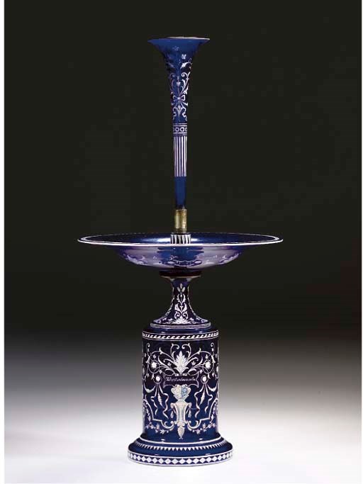 A DARK-BLUE WHITE-ENAMELLED THREE-SECTION TABLE CENTREPIECE