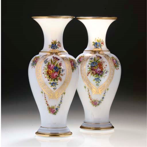 A PAIR OF WHITE OPALINE BALUSTER VASES
