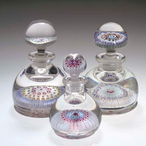 THREE VARIOUS ENGLISH MILLEFIORI INK-BOTTLES AND STOPPERS
