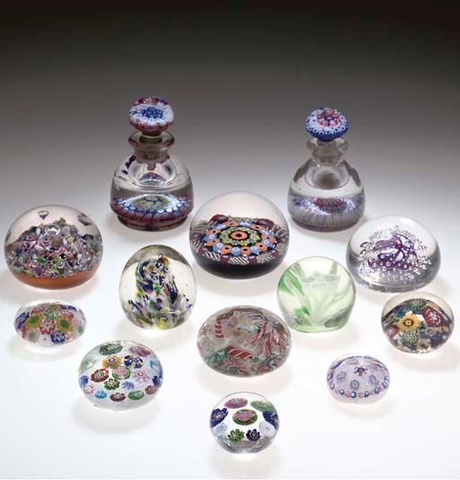 ELEVEN VARIOUS PAPERWEIGHTS AND TWO BOTTLES AND STOPPERS