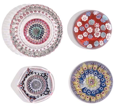 THREE VARIOUS ENGLISH MILLEFIORI WEIGHTS AND A PIN-TRAY