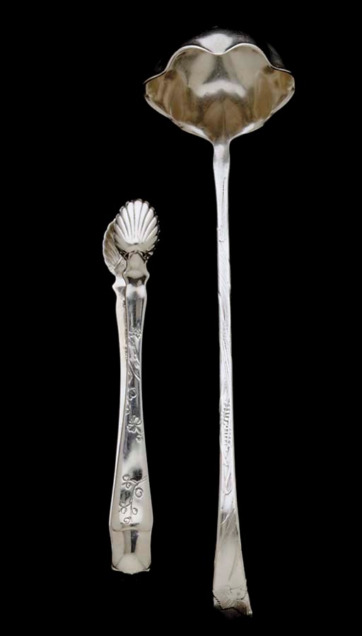 A PAIR OF SILVER SUGAR TONGS AND A SAUCE LADLE