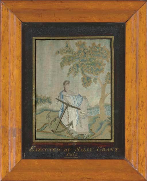 A WATERCOLOR SILK AND CHENILLE NEEDLEWORK PICTURE OF THE GODDESS HOPE