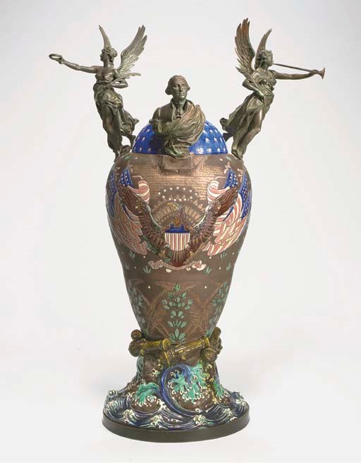 A POLYCHROME GLAZED BRONZE-MOUNTED AND GILT-DECORATED URN