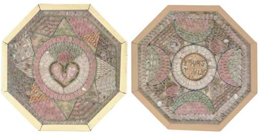 A PAIR OF OCTAGONAL SHELLWORK VALENTINES