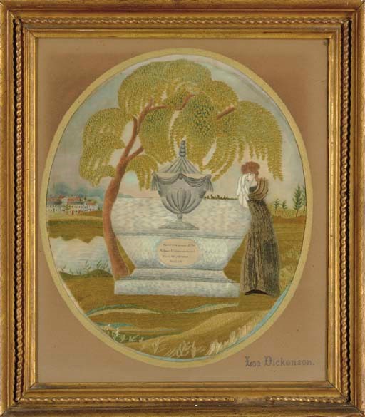 AN INK, WATERCOLOR, SILK AND CHENILLE ON SILK MOURNING PICTURE