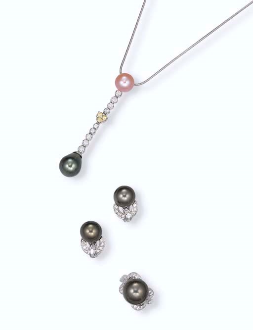 A SET OF CULTURED PEARL AND DIAMOND JEWELLERY