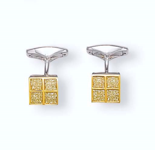 A PAIR OF COLOURED DIAMOND AND DIAMOND CUFFLINKS