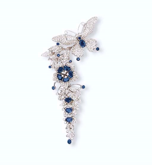 A SAPPHIRE AND DIAMOND BROOCH