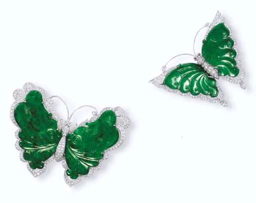 TWO JADEITE AND DIAMOND BUTTERFLY PENDANTS/BROOCHES