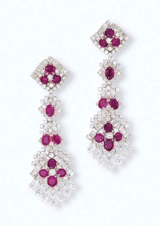 A PAIR OF RUBY AND DIAMOND EAR PENDANTS
