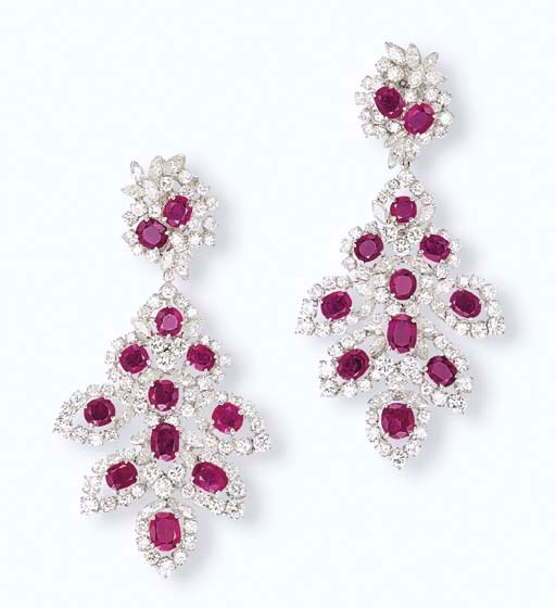 A PAIR OF RUBY AND DIAMOND EAR PENDANTS