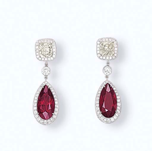 A PAIR OF RUBY AND DIAMOND EAR PENDANTS