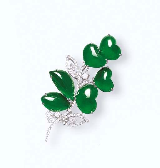 A JADEITE AND DIAMOND BROOCH