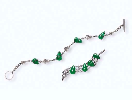 A JADEITE HULU AND DIAMOND PENDANT AND BRACELET