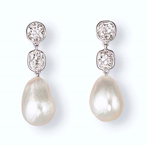 A PAIR OF NATURAL PEARL AND DIAMOND EAR PENDANTS