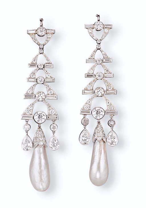 A PAIR OF NATURAL PEARL AND DIAMOND EAR PENDANTS