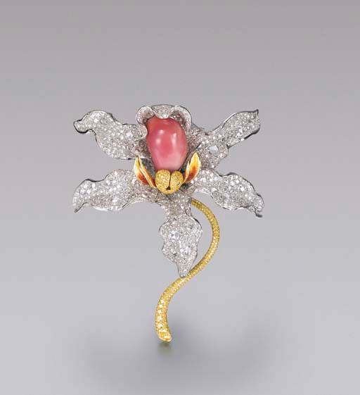 A UNIQUE CONCH PEARL, ENAMEL AND DIAMOND ORCHID BROOCH